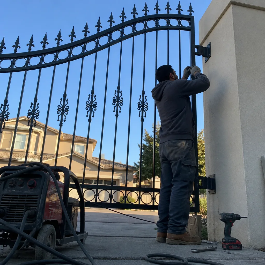 Professional contractor performing metal driveway gate installation and repair work.