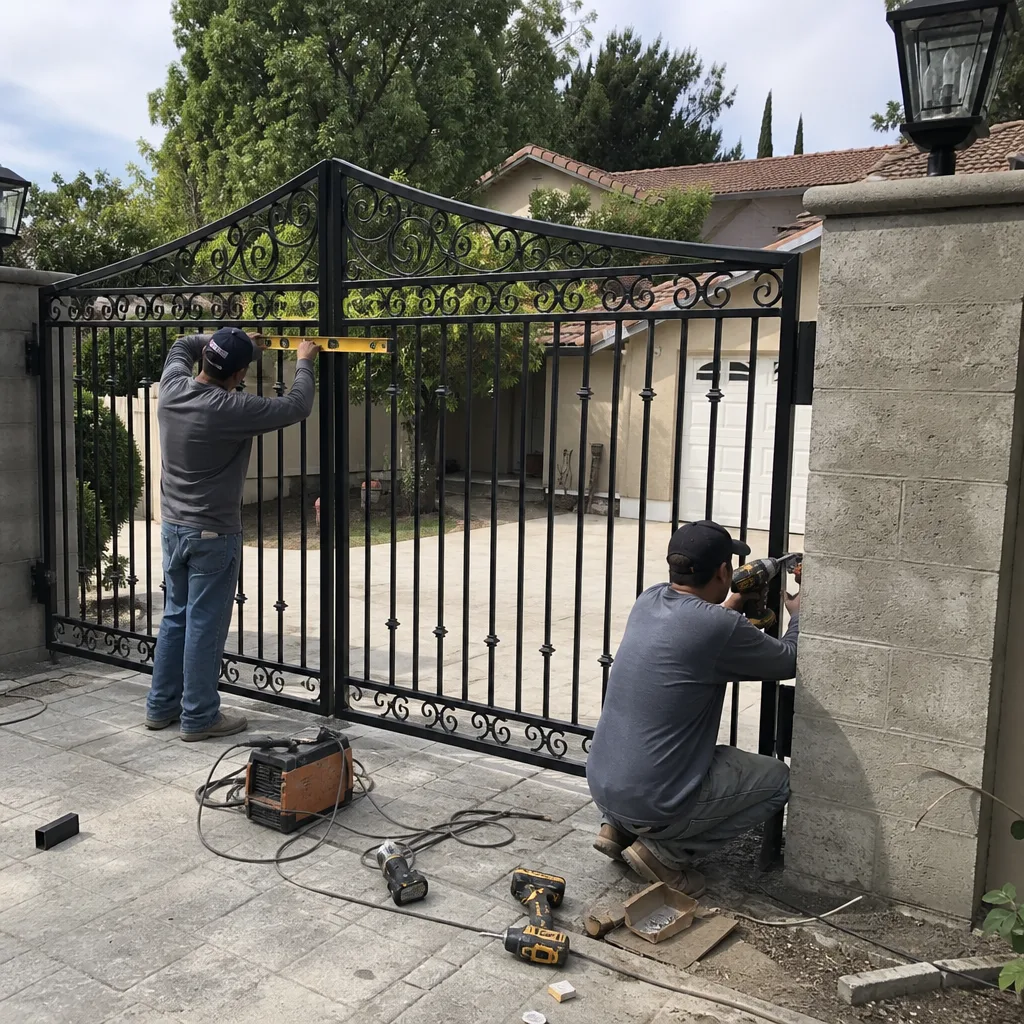 professional technicians installing a custom wrought iron driveway gate