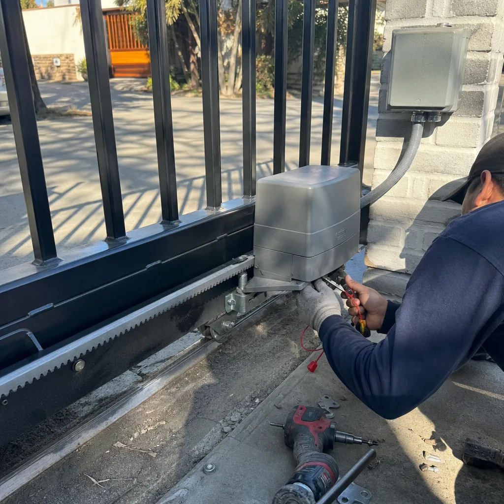 Technician performing professional gate motor and opener repair service
