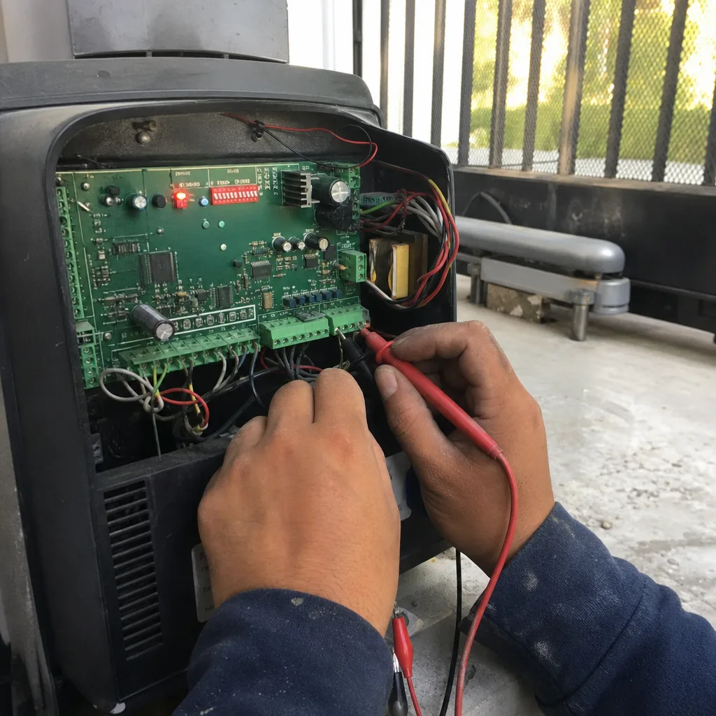 Technician using a multimeter to repair an automatic gate motor control board