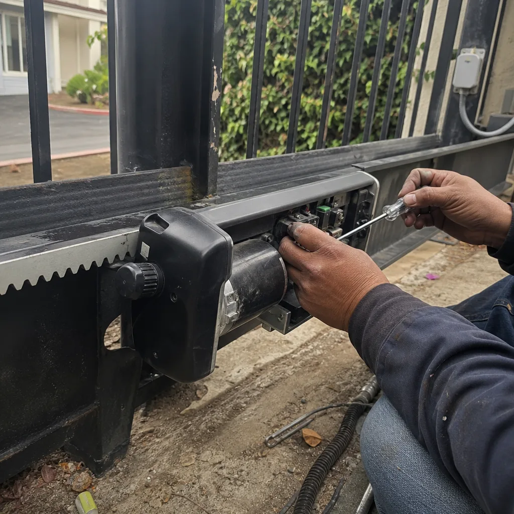 Technician performing professional sliding gate motor and operator repair