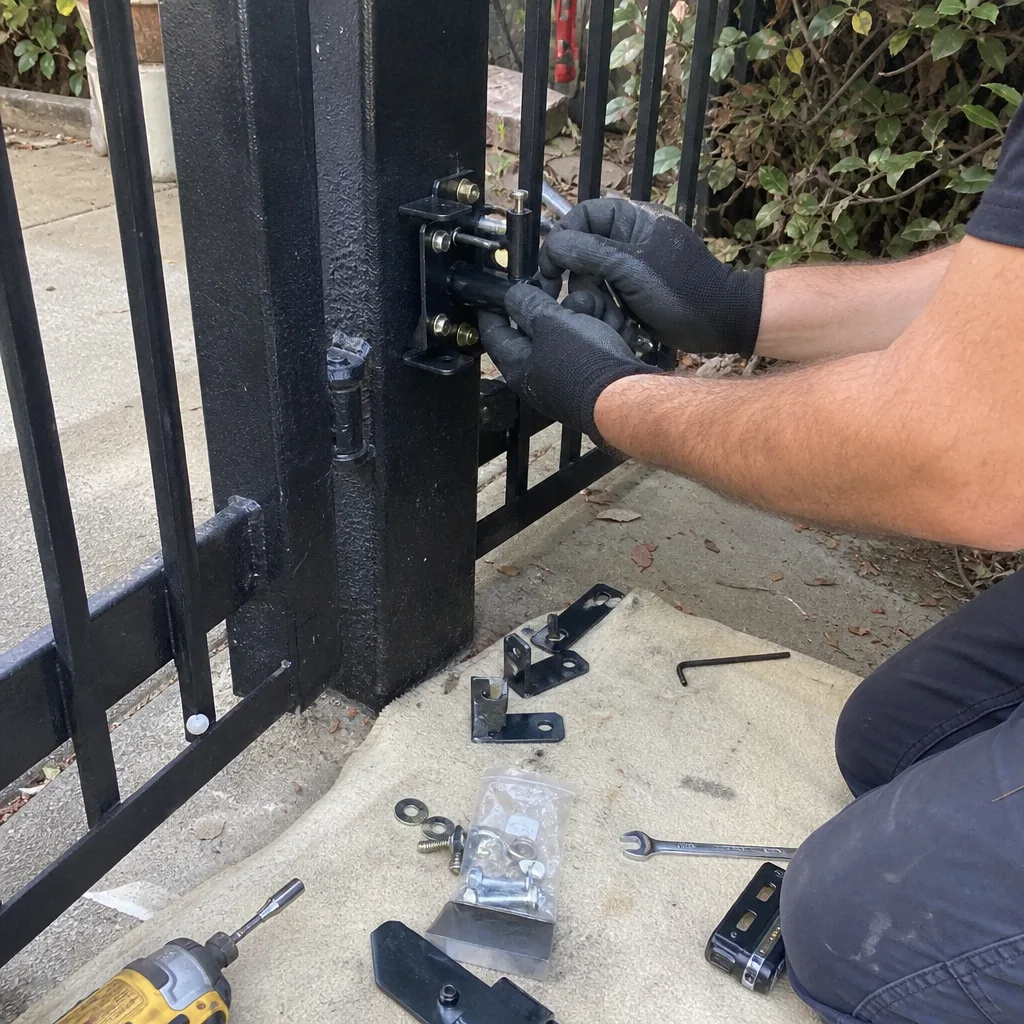 Technician performing professional metal gate hardware repair and installation