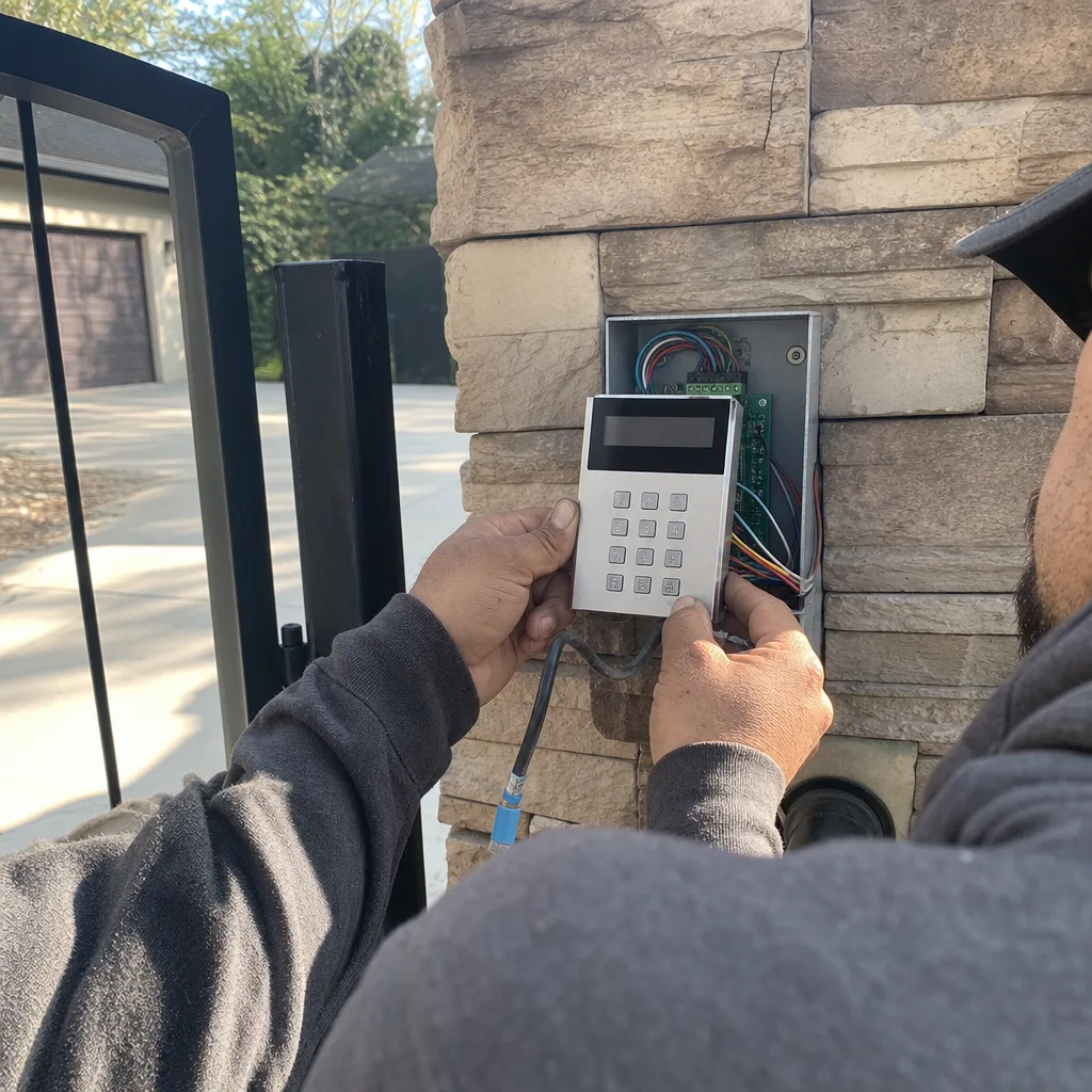 Technician installing an electronic gate access control keypad on a stone pillar nationwide