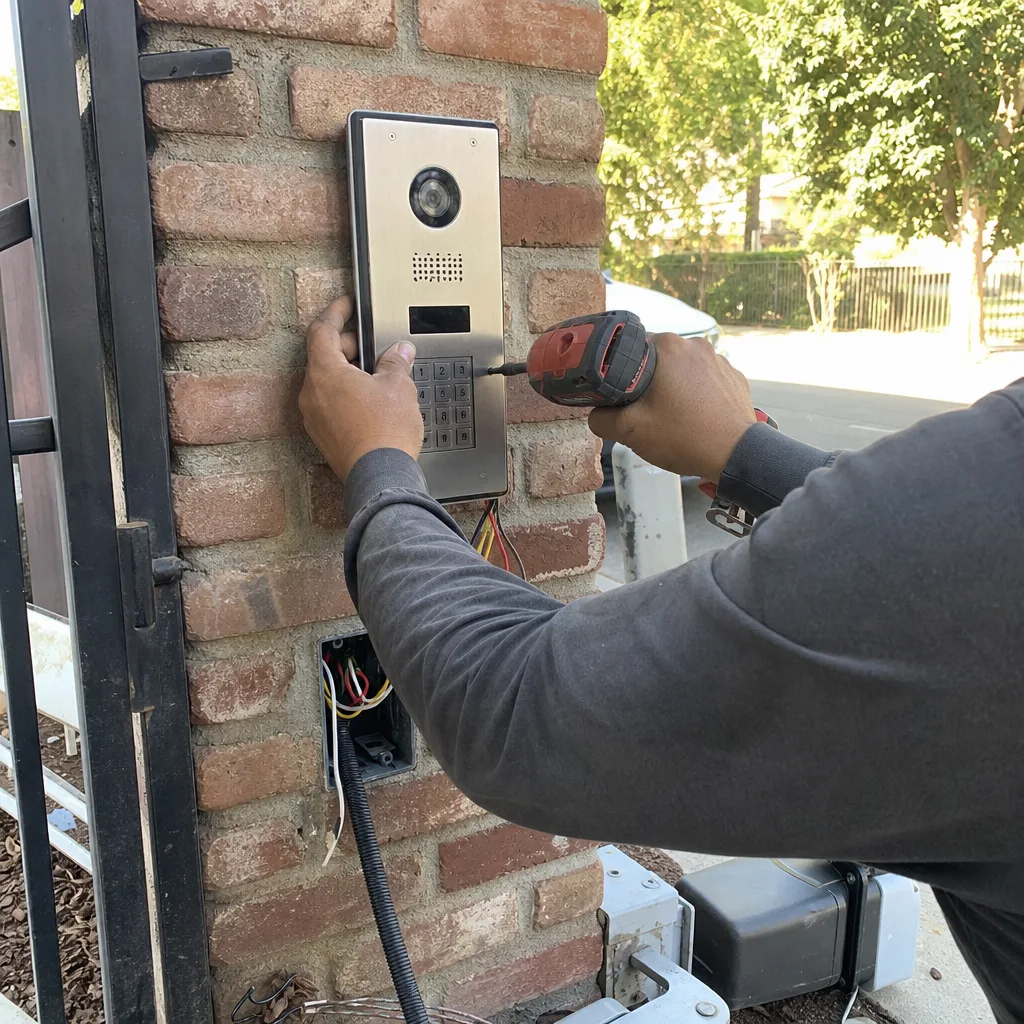 Technician installing a gate intercom access control system nationwide